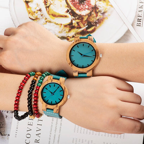 BOBO BIRD Women Wooden Couple Wathes Men Quartz Ladies Wristwatch Lover's Leather Strap Turquoise blue relogio feminino