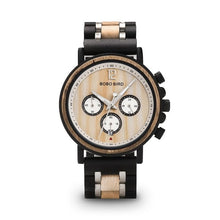 Load image into Gallery viewer, BOBO BIRD Wood Watch Men Luxury Stylish Wooden Timepieces Chronograph Quartz Watches Great Gift for Him Box erkek kol saati OEM