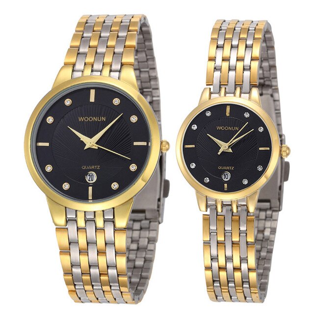 2017 Woonun Branded Couple Watches For Lovers Gold Full Steel Quartz-Watch Ultra Thin Watches For Women Men Valentine Gift