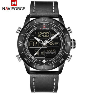 NAVIFORCE 9144 Fashion Gold Men Sport Watches Mens LED Analog Digital Watch Army Military Leather Quartz Watch Relogio Masculino