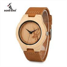 Load image into Gallery viewer, Deer Head Design Mens Women&#39;s Size Bamboo Wooden Watches Luxury Wooden Quartz Watches With Brown Leather Strap