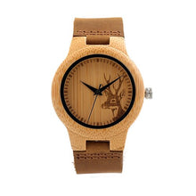 Load image into Gallery viewer, Deer Head Design Mens Women&#39;s Size Bamboo Wooden Watches Luxury Wooden Quartz Watches With Brown Leather Strap