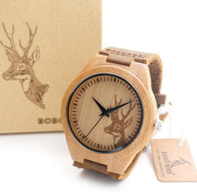 Load image into Gallery viewer, Deer Head Design Mens Women&#39;s Size Bamboo Wooden Watches Luxury Wooden Quartz Watches With Brown Leather Strap