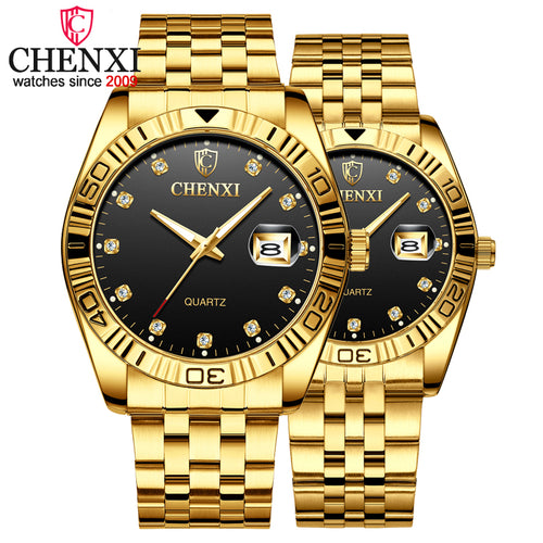 CHENXI Brand Couple Watches Quartz Lovers Wristwatches For Men & Women Gold Luxury Stainless Steel Watch Calendar Reloj Hombre